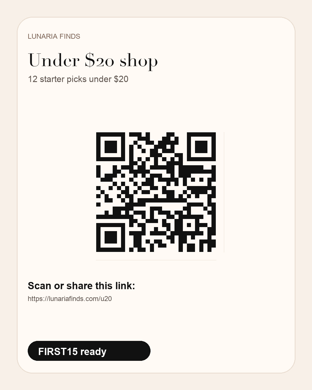 Under $20 shop QR share card